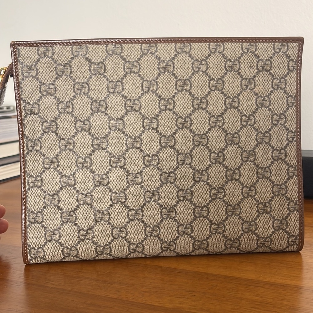 GG Supreme Monogram Horsebit 1955 Zip Pouch Beige Brown Sugar. - Picture 3 of 4